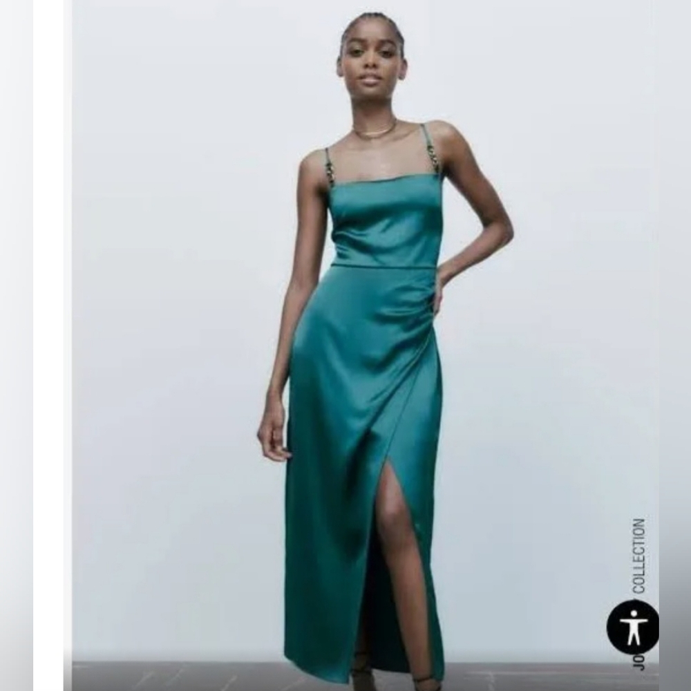 NWT Zara Satin Effect Lingerie Style Green Dress M